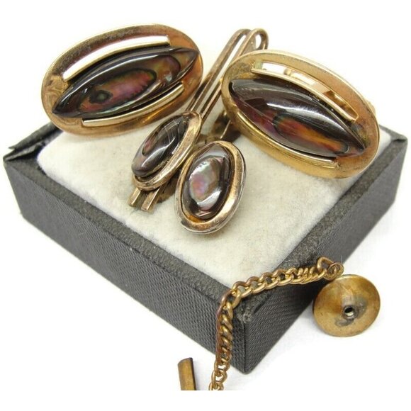 Vintage Cufflinks Round Gold Plated Abalone With Tie Tack And Tie Clip - Picture 11 of 14